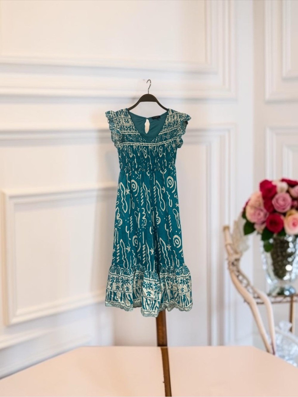 Gigio 
Teal Printed Smocked Midi Dress with Ruffle Sleeves